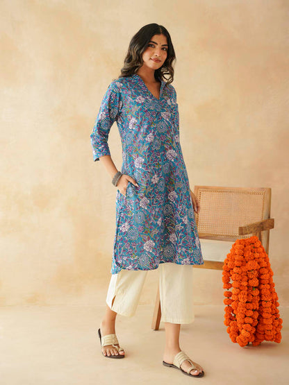 Cotton Printed Straight Kurta Blue Velvet