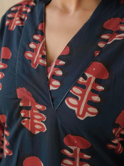 Cotton Printed Straight Kurta Red Coral