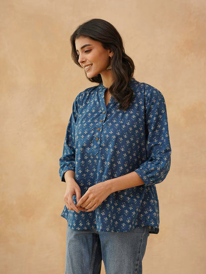 Cotton Printed Everyday Tunic Top For Women Blue Booty