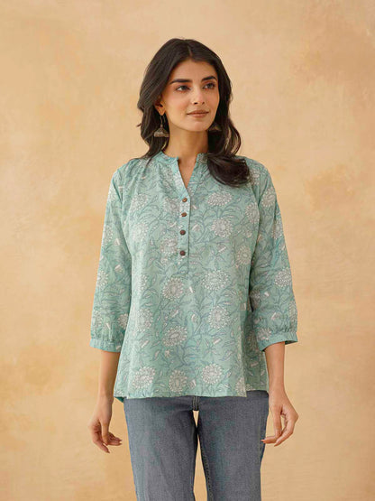 Cotton Printed Everyday Tunic Top For Women Green