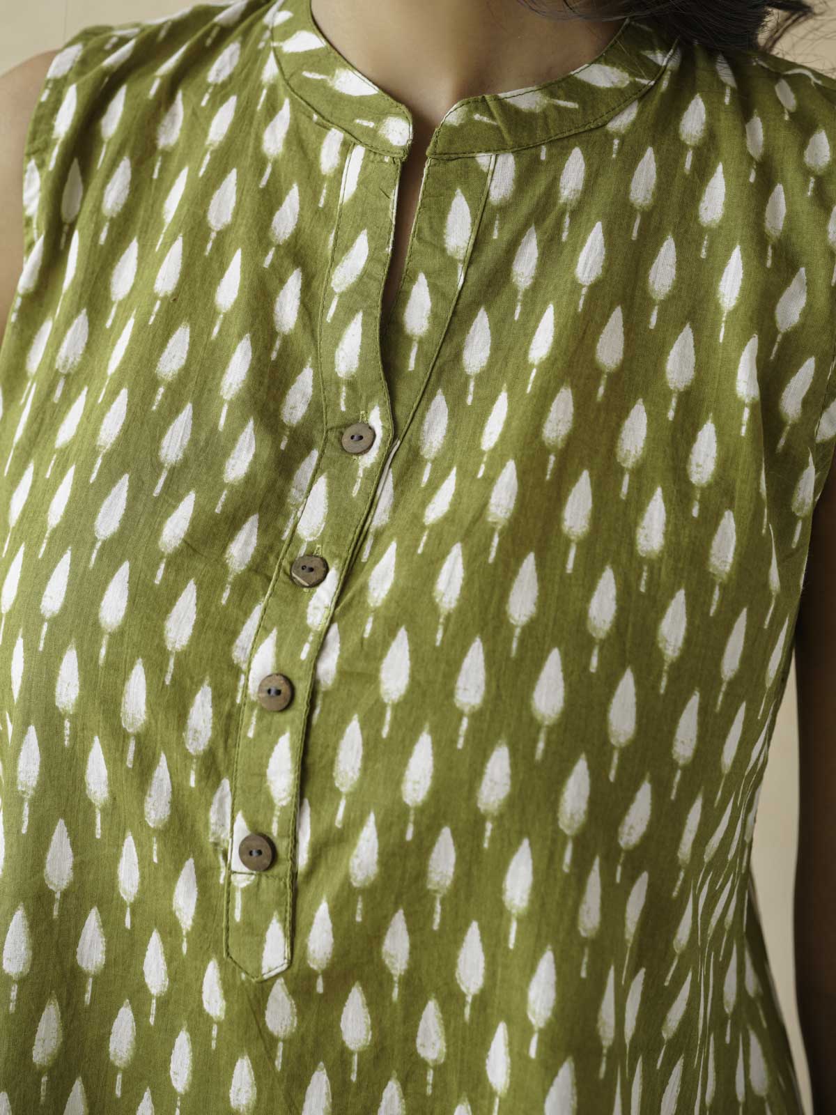 Cotton Printed Sleeveless Tunic Top For Women Green Booty