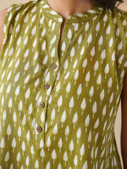 Cotton Printed Sleeveless Tunic Top For Women Green Booty