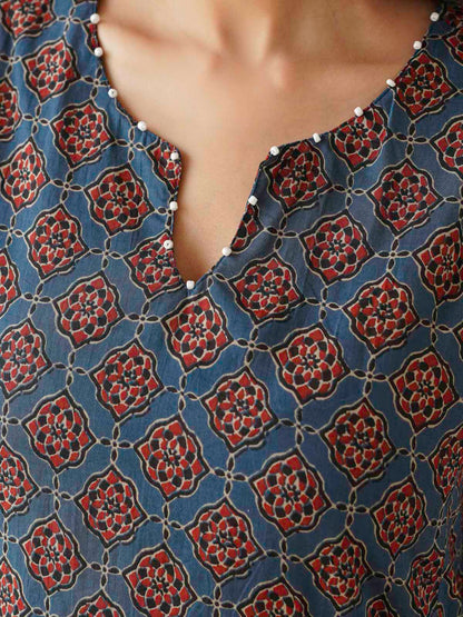 Cotton Printed Aline Kurta Set For Women Blue