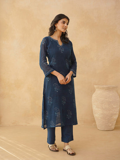 Cotton Printed Kantha Style Set For Women Indigo