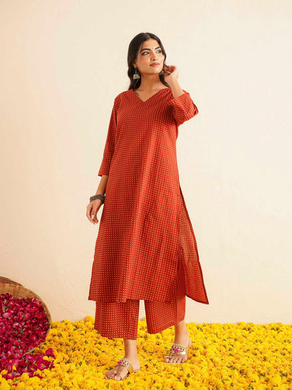 Cotton Printed V-Neck Style Set For Women Red