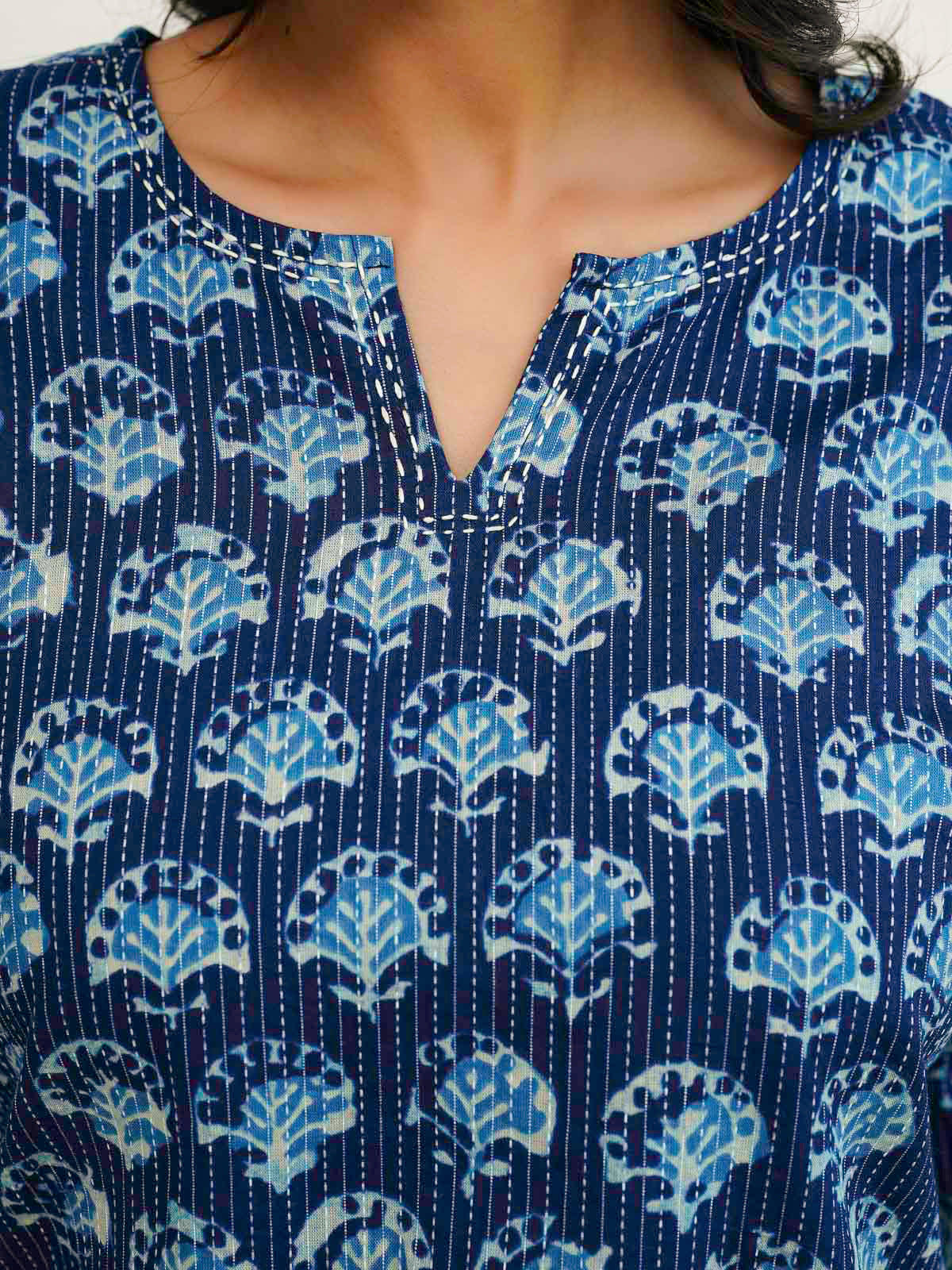 Cotton Printed Kantha Kurta Blue