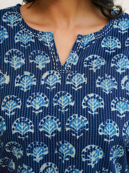 Cotton Printed Kantha Kurta Blue