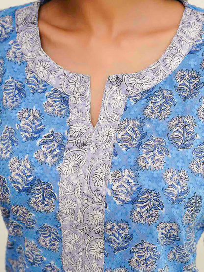 Cotton Block Printed Long Kurta Blue Booty