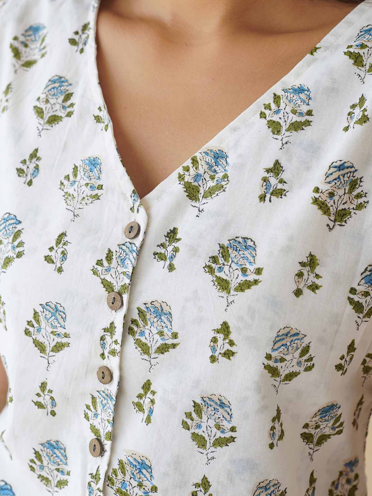 Sleeveless Cotton Block Printed Kothi Top White Booty