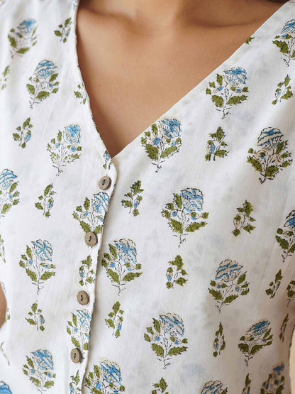 Sleeveless Cotton Block Printed Kothi Top White Booty