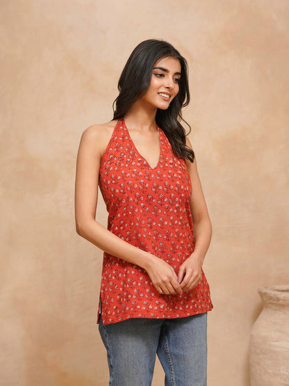 Cotton Printed Stylish Halter Tie-Up Kurti Orange
