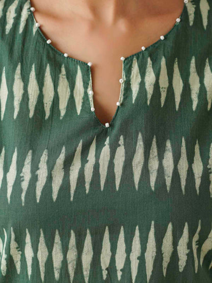 Cotton Printed Aline Kurta Set For Women Green