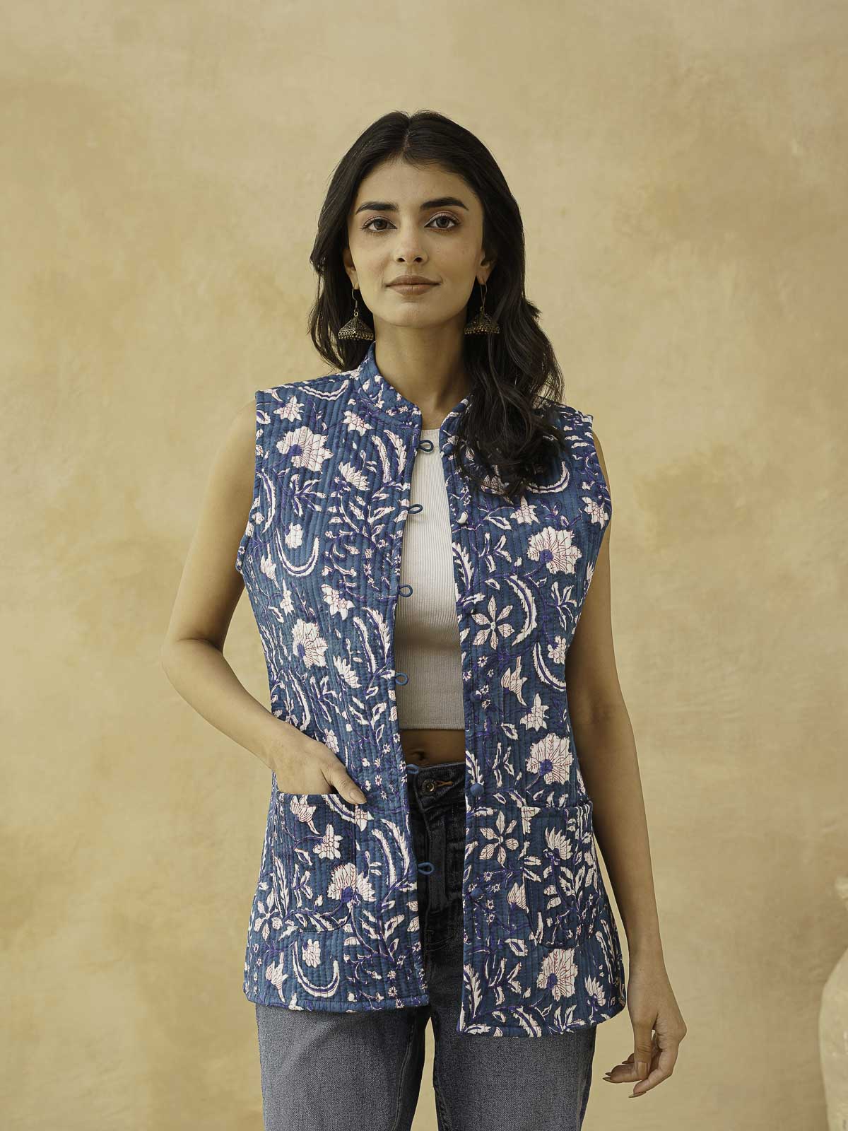 Cotton Printed Sleeveless Quilted Jacket Blue Jaal