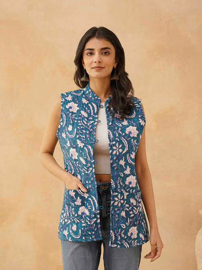 Cotton Printed Sleeveless Quilted Jacket Blue Jaal