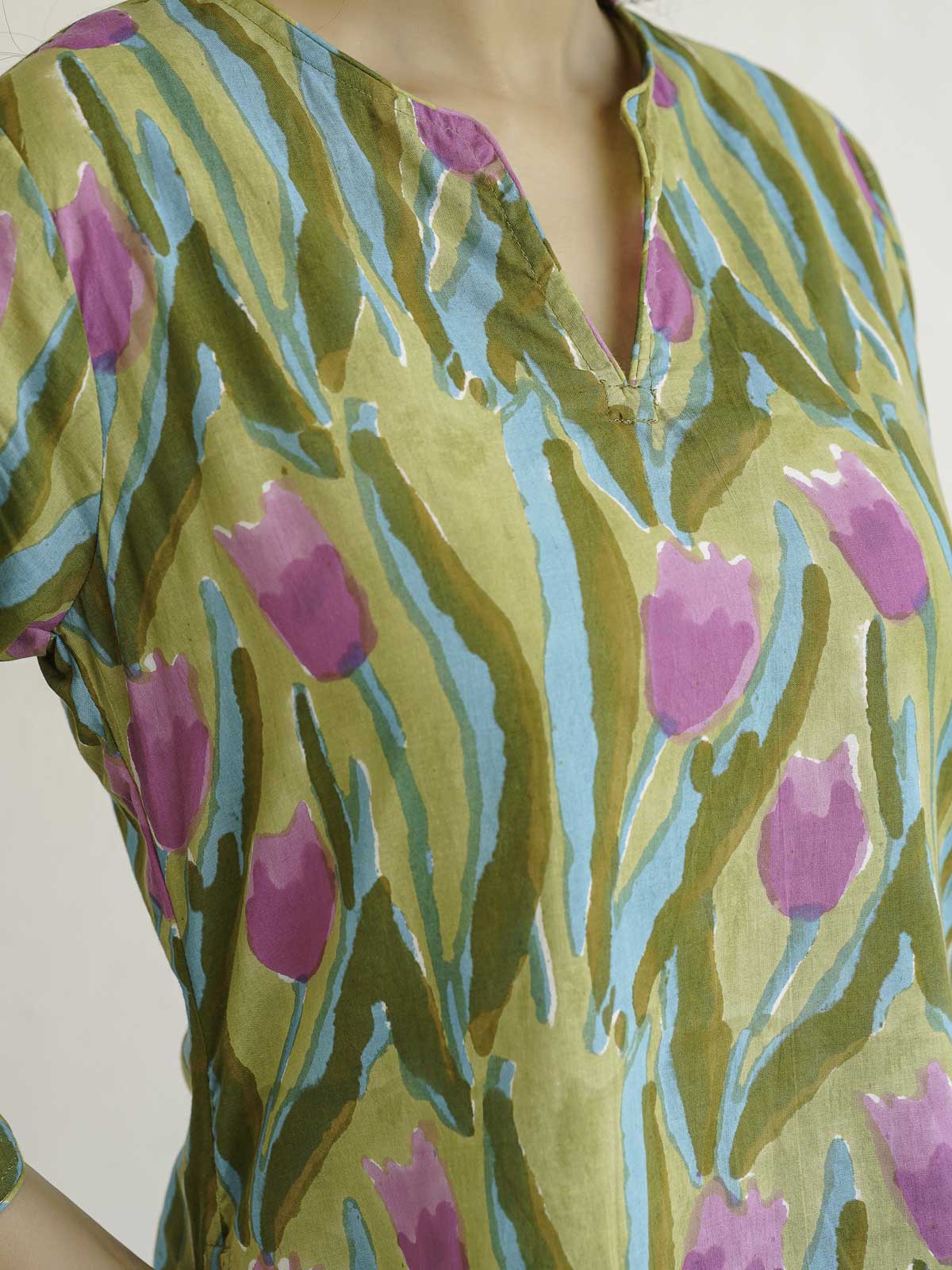 Cotton Printed Lounge Wear Coord Set Green Flower