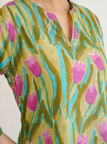 Cotton Printed Lounge Wear Coord Set Green Flower