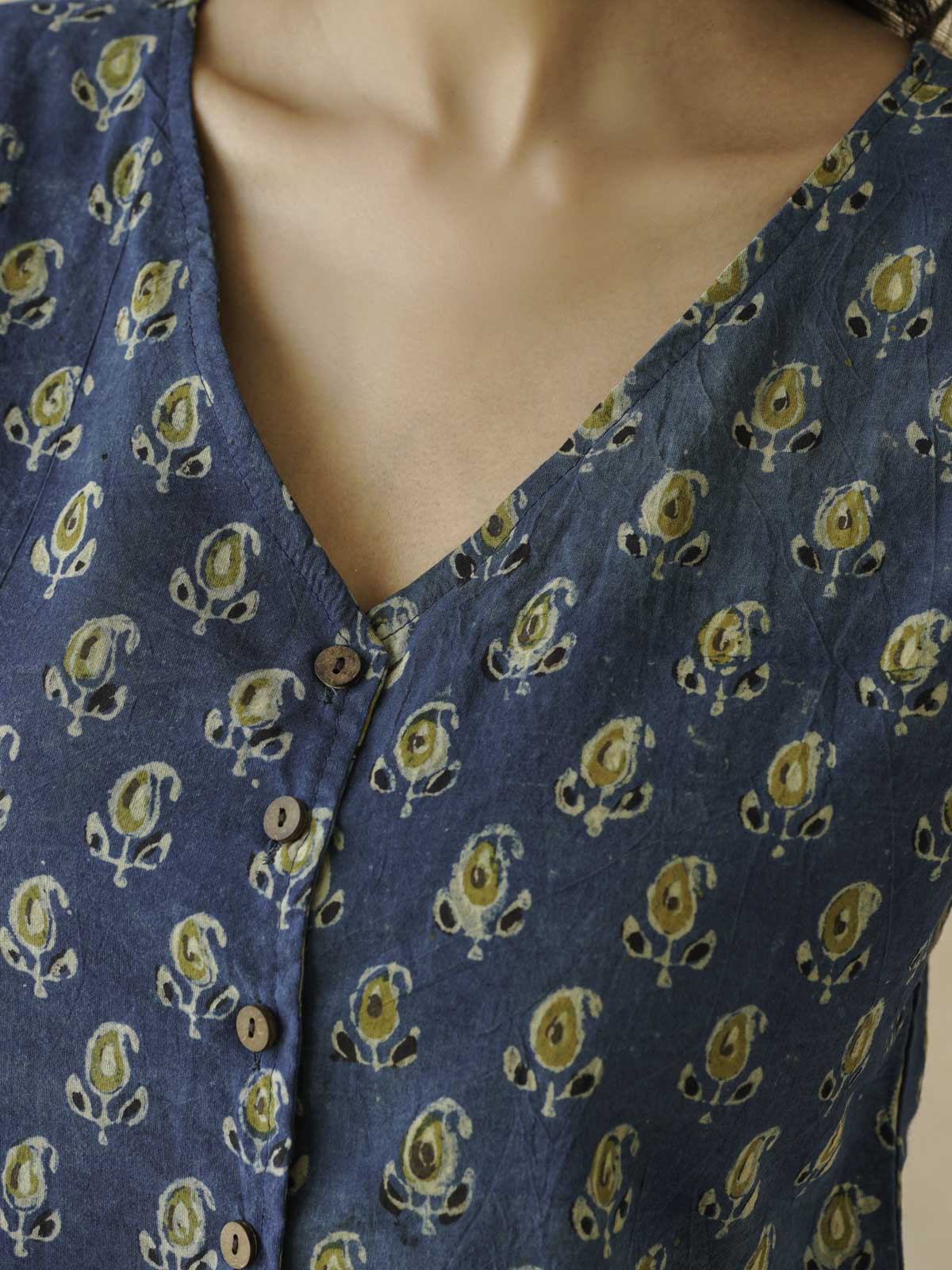 Sleeveless Cotton Block Printed Kothi Top Indigo Booty