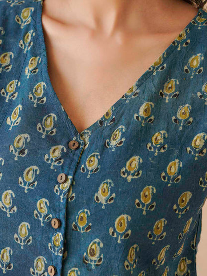 Sleeveless Cotton Block Printed Kothi Top Indigo Booty