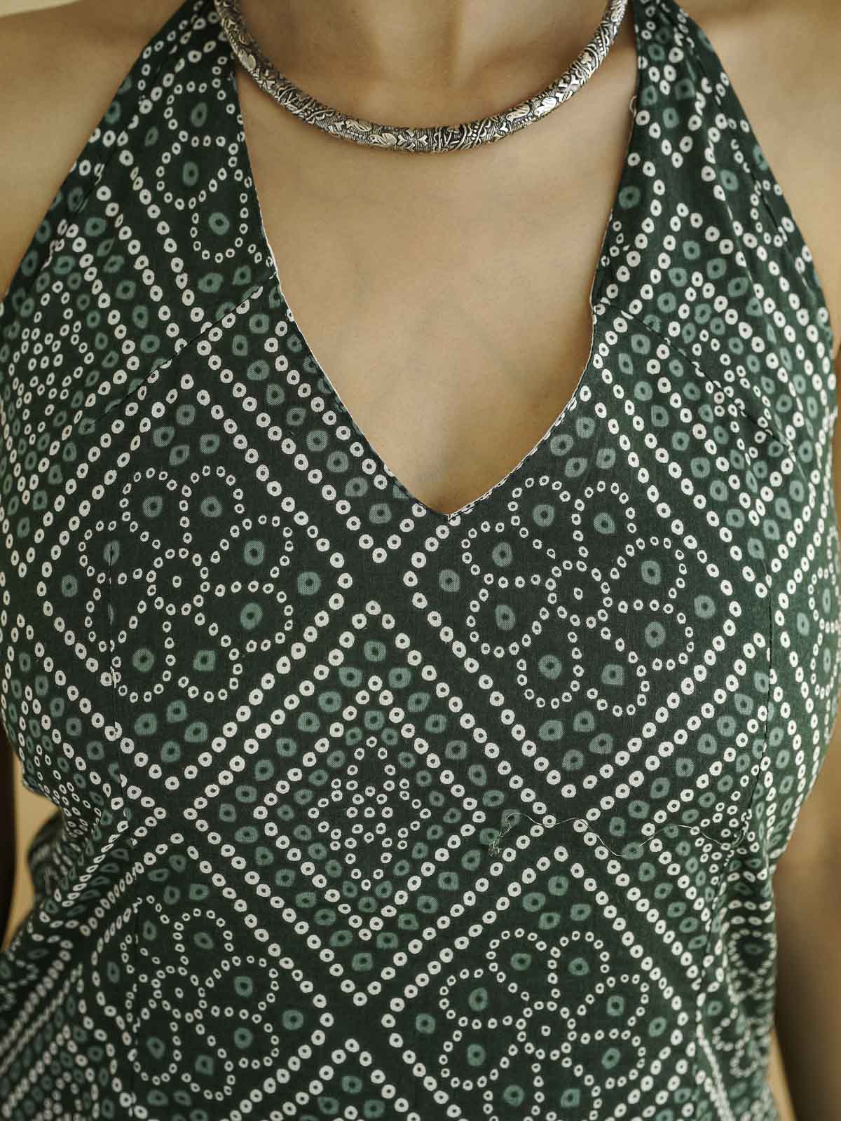 Cotton Printed Stylish Halter Tie-Up Kurti Green