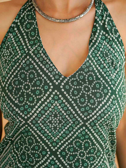 Cotton Printed Stylish Halter Tie-Up Kurti Green