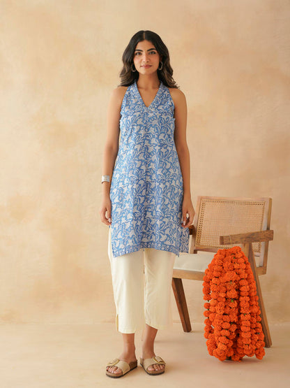 Sleeveless Cotton Halter Neck Kurti Blue