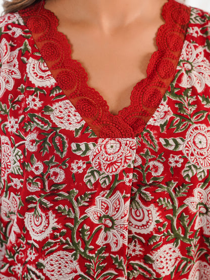 Block Printed Cotton Kurta Pant Bagiya Set Red Flower