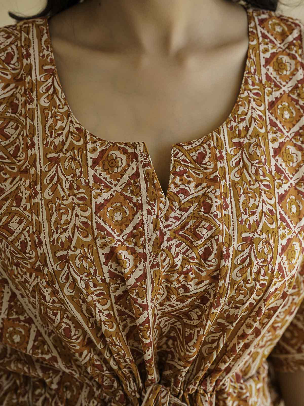 Block-Printed Cotton Long Kaftan Red Patti