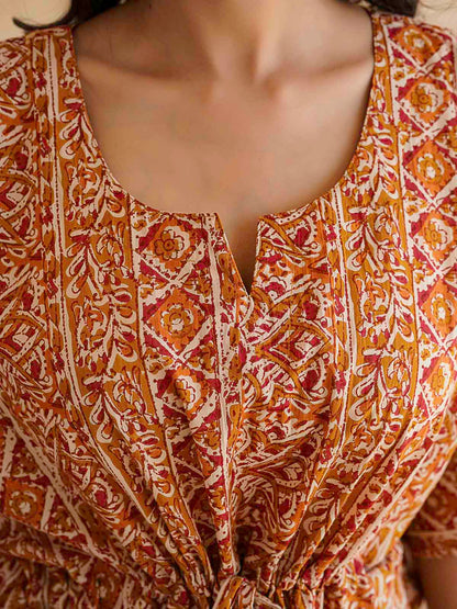 Block-Printed Cotton Long Kaftan Red Patti