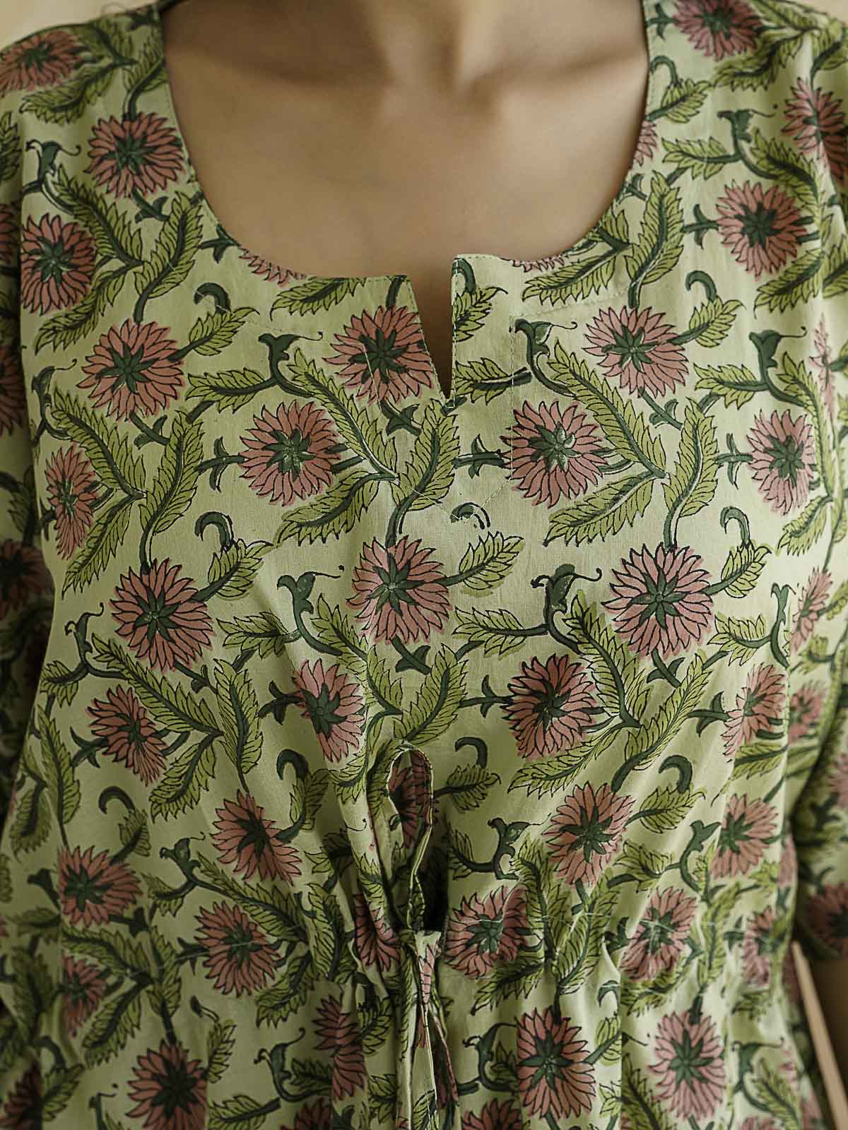 Block-Printed Cotton Long Kaftan Green Jaal