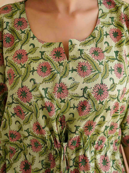 Block-Printed Cotton Long Kaftan Green Jaal
