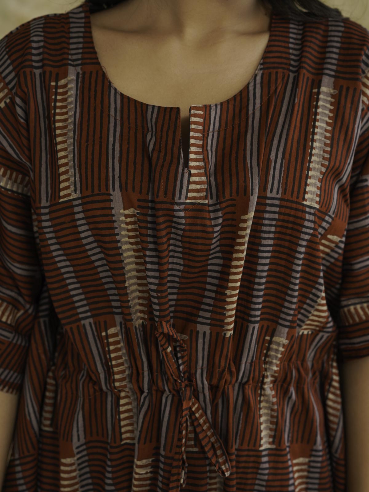 Block-Printed Cotton Long Kaftan Red Starp