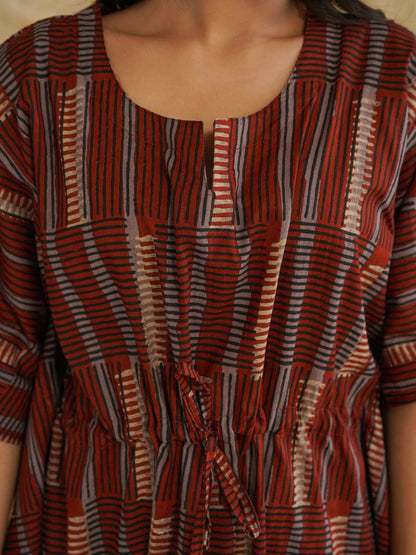 Block-Printed Cotton Long Kaftan Red Starp