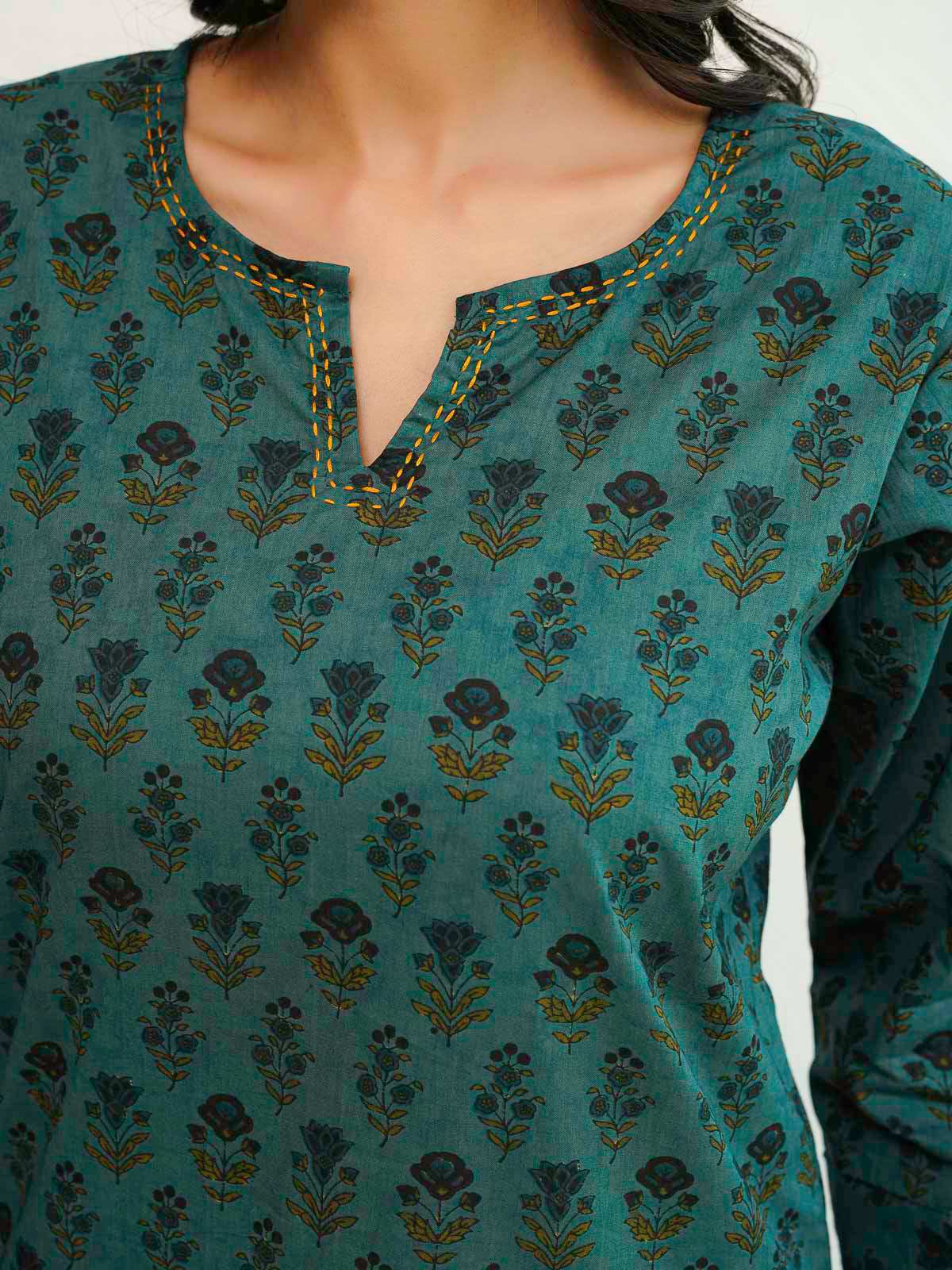 Cotton Printed Kantha Kurta Grey