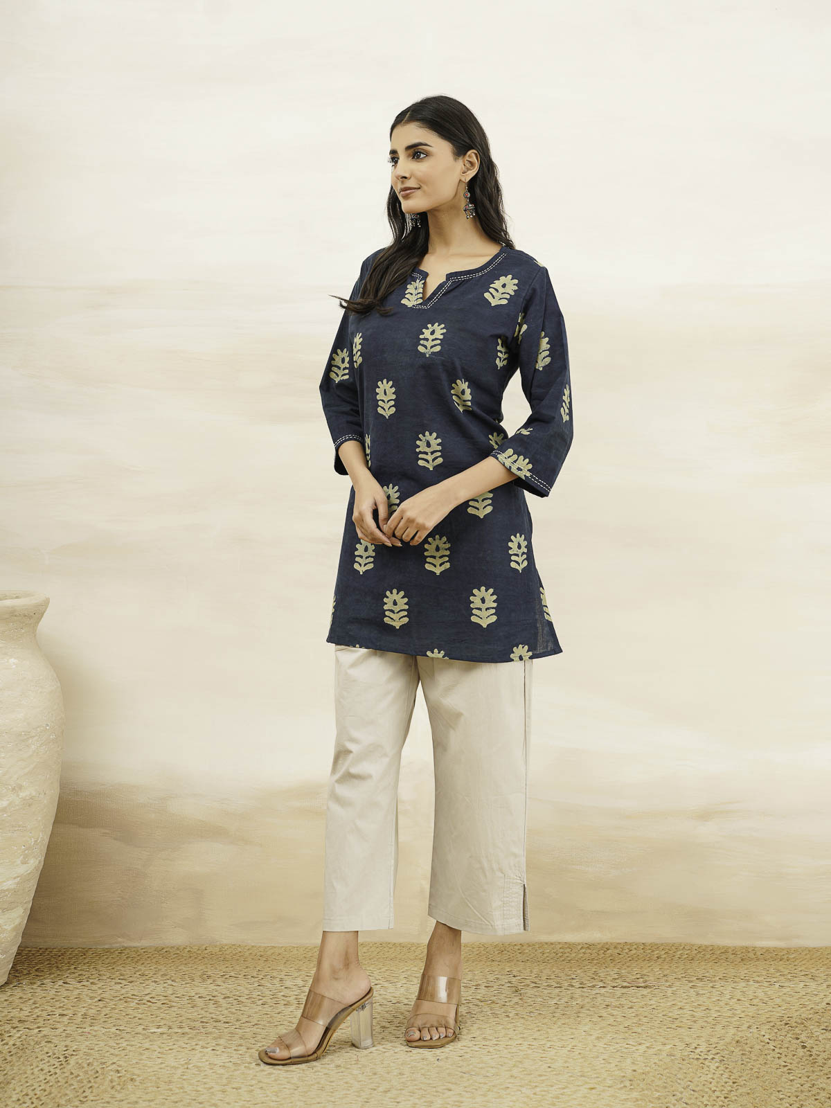 Cotton Printed Kantha Kurta Indigo Boota