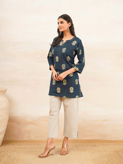 Cotton Printed Kantha Kurta Indigo Boota