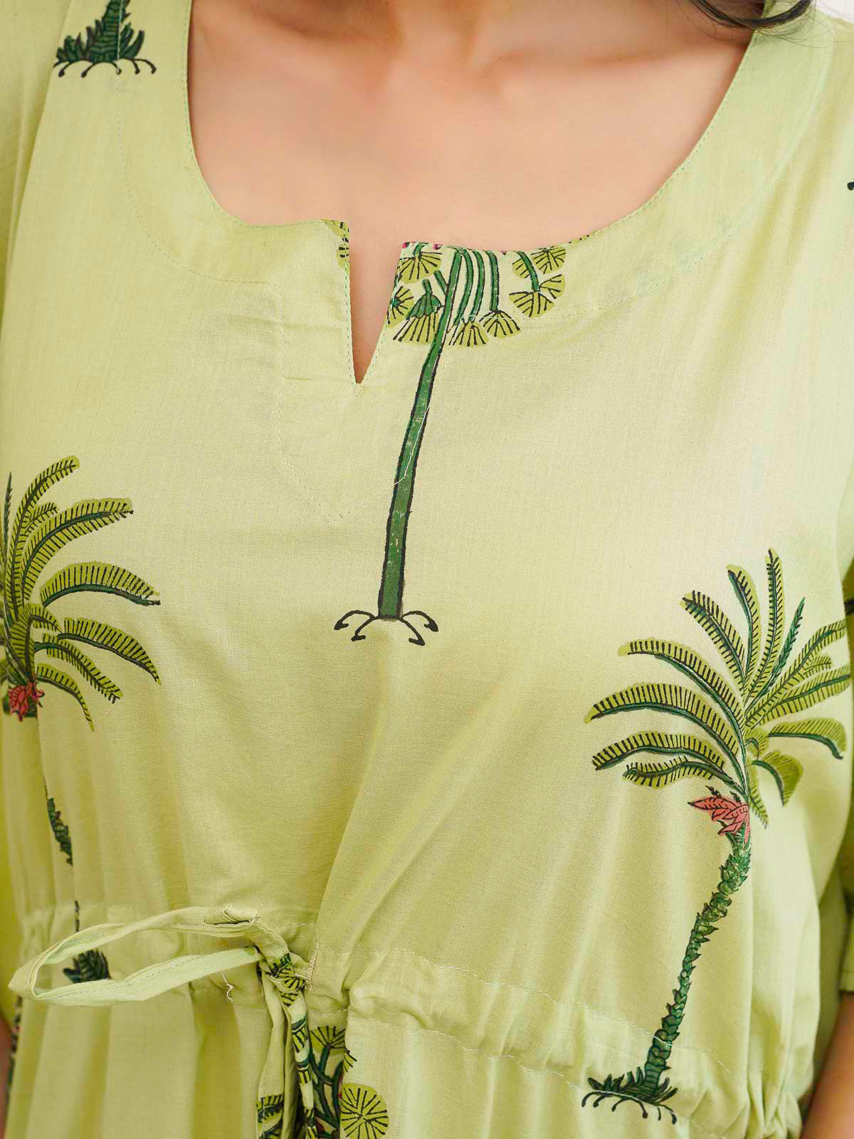 Block-Printed Cotton Long Kaftan Green Tree