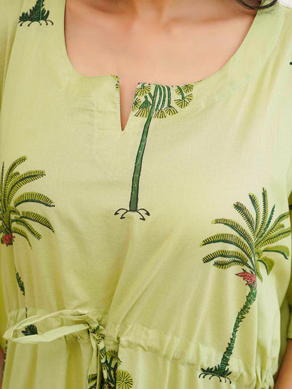 Block-Printed Cotton Long Kaftan Green Tree
