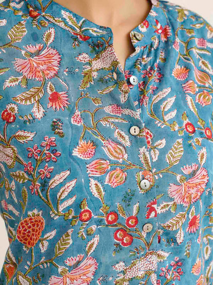 Women Ethnic Motifs Printed Cotton Pleat Set Blue Jaal