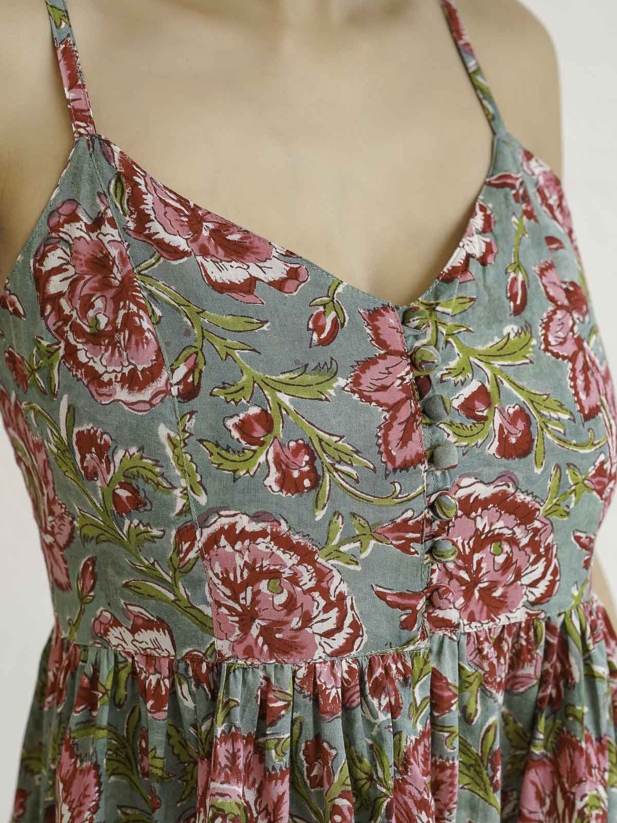 V-Neck Long Strappy Dress Green Flower