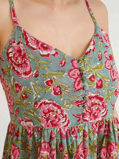 V-Neck Long Strappy Dress Green Flower