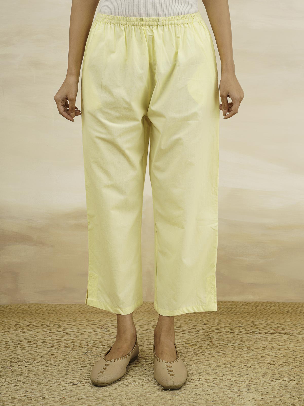 Cotton Solid Ankle Length Pants Yellow