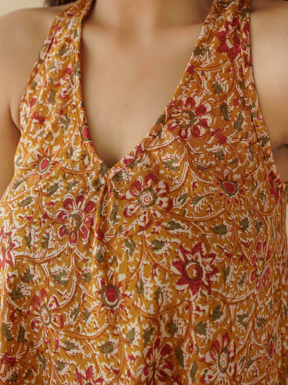 Cotton Printed Aline Moana Dress Mustard