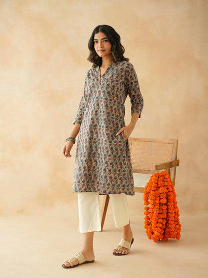 Cotton Printed Straight Kurta Indigo Flawer