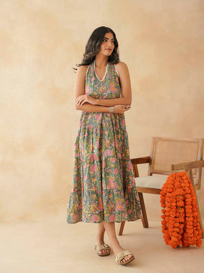Tiered Halter Neck Dress Green Jaal