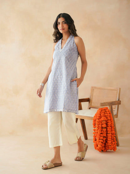 Sleeveless Cotton Halter Neck Kurti Lavander Booty