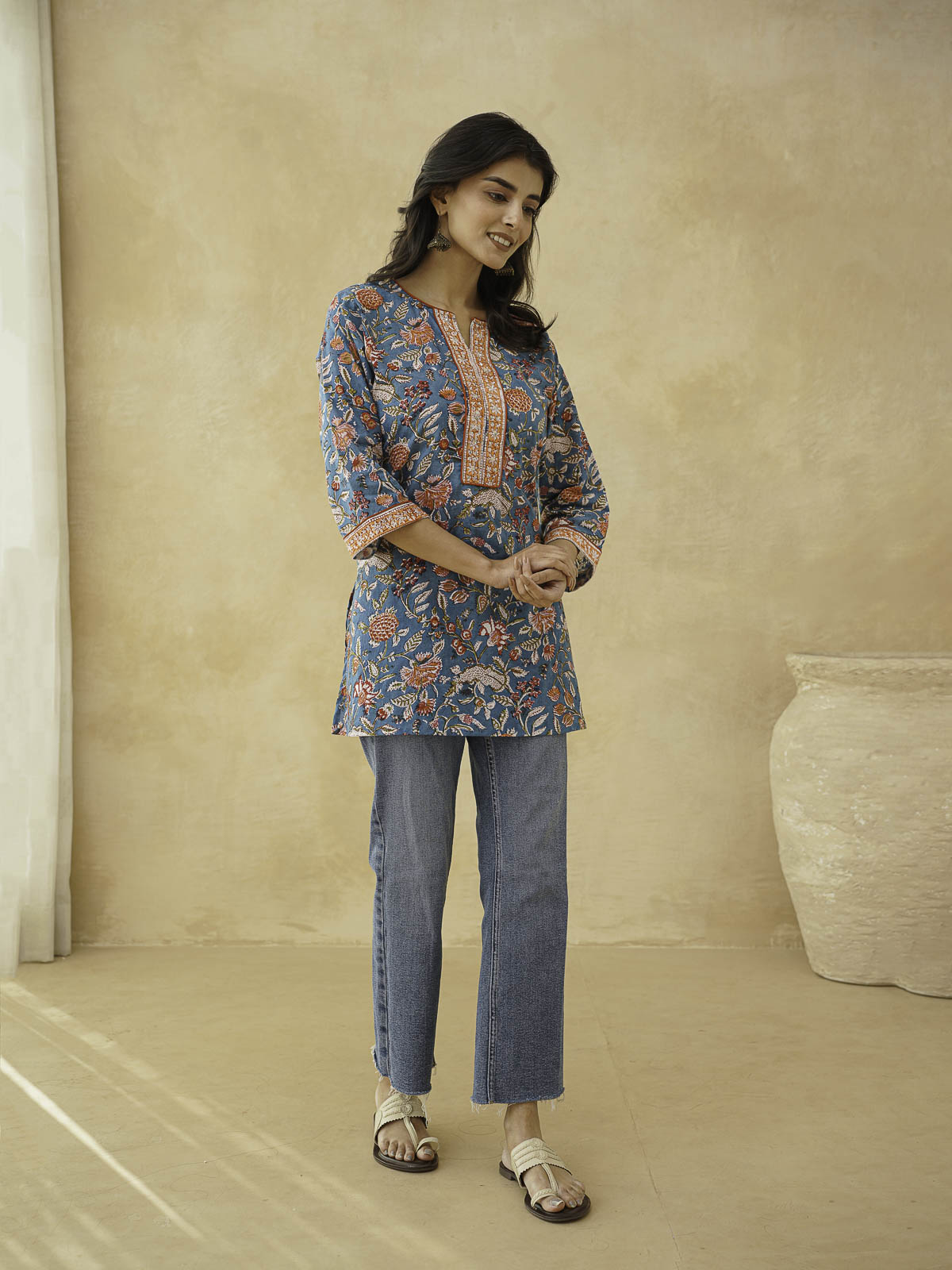 Cotton Printed Sequin Short Kurti For Women Blue Jaal