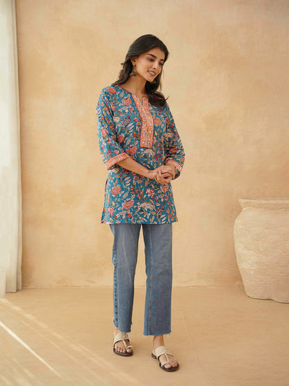 Cotton Printed Sequin Short Kurti For Women Blue Jaal