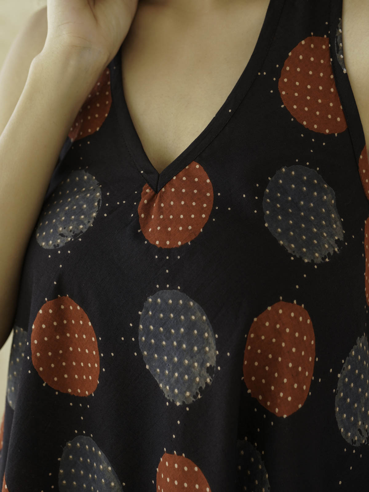 Cotton Printed Aline Moana Dress Black Polka