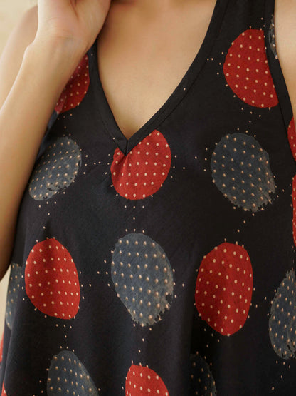 Cotton Printed Aline Moana Dress Black Polka