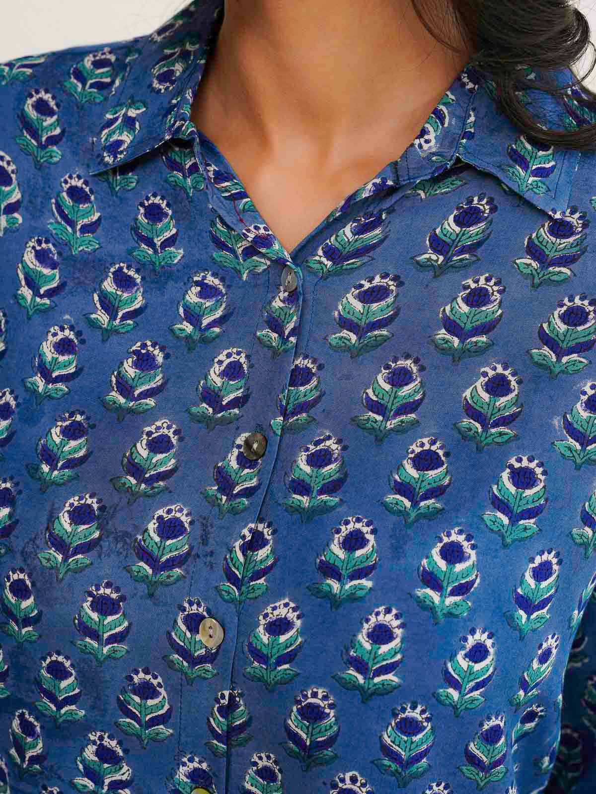 Block Printed Cotton Meher Shirt Blue Booty
